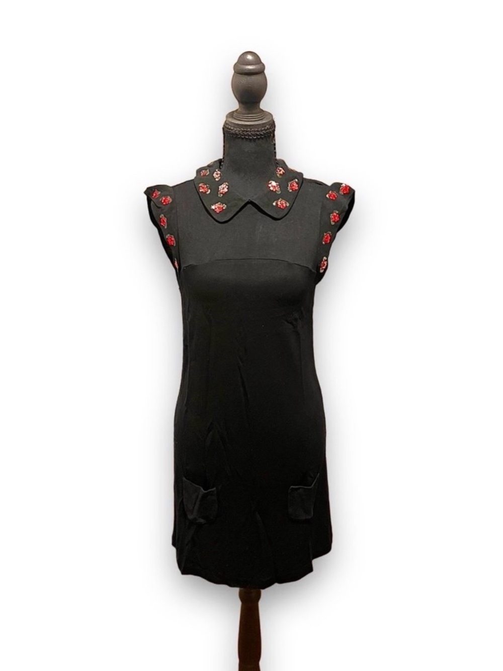 Vintage Miu Miu Sequin Floral Collar Black Knit Mini Dress